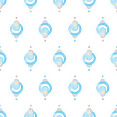 Repeating, seamless mystical pastel pattern on white background. Crescent moon and pastel blue and pink planets. Vector Artwork.
