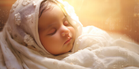 Newborn wrapped in a white blanket, lying in bed, white bedsheet background, two months old, baby photography. Happy young baby in diaper lying on white sheet. AI Generative