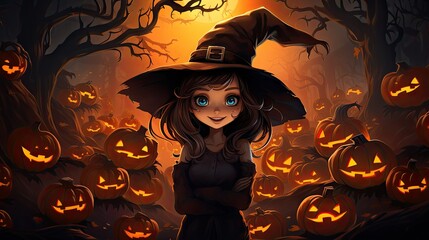 Cute witch cartoon character in the spooky forest. Kids baby and children illustration book drawing background. Generative AI