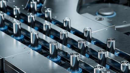 Close-up of Battery Cells for Automotive Industry on Production Line. High Capacity Battery...