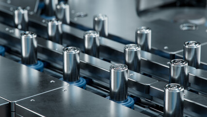 Close-up of Lithium-ion Cells for High-voltage Electric Vehicle Batteries on Conveyor. Battery...