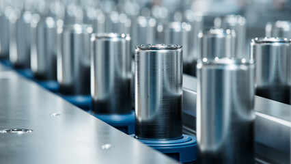 Close-up of High Capacity Battery on Conveyor Line. Battery Cells for Automotive Industry on...