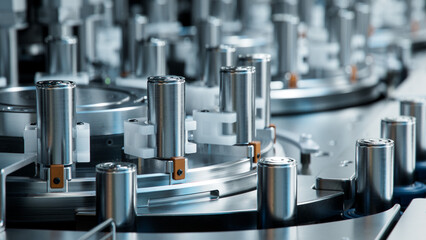 Close-up of Lithium-ion Cells for High-voltage Electric Vehicle Batteries Manufacturing Process....