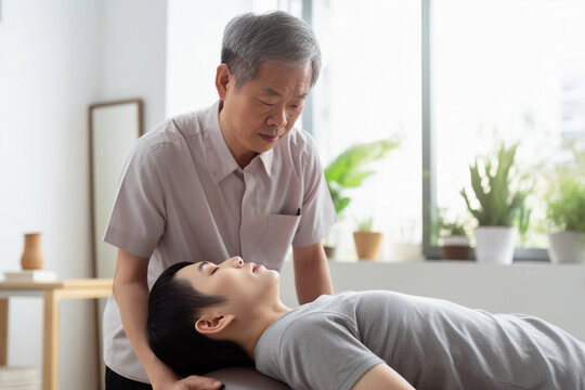Female Asian girl being treated by a physiotherapist in his clinic