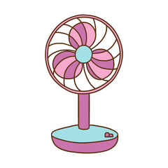 Desktop electrical fan pink color. Cooling air conditioning unit in hot weather. Colorful vector isolated illustration hand drawn with outline. Icon or card