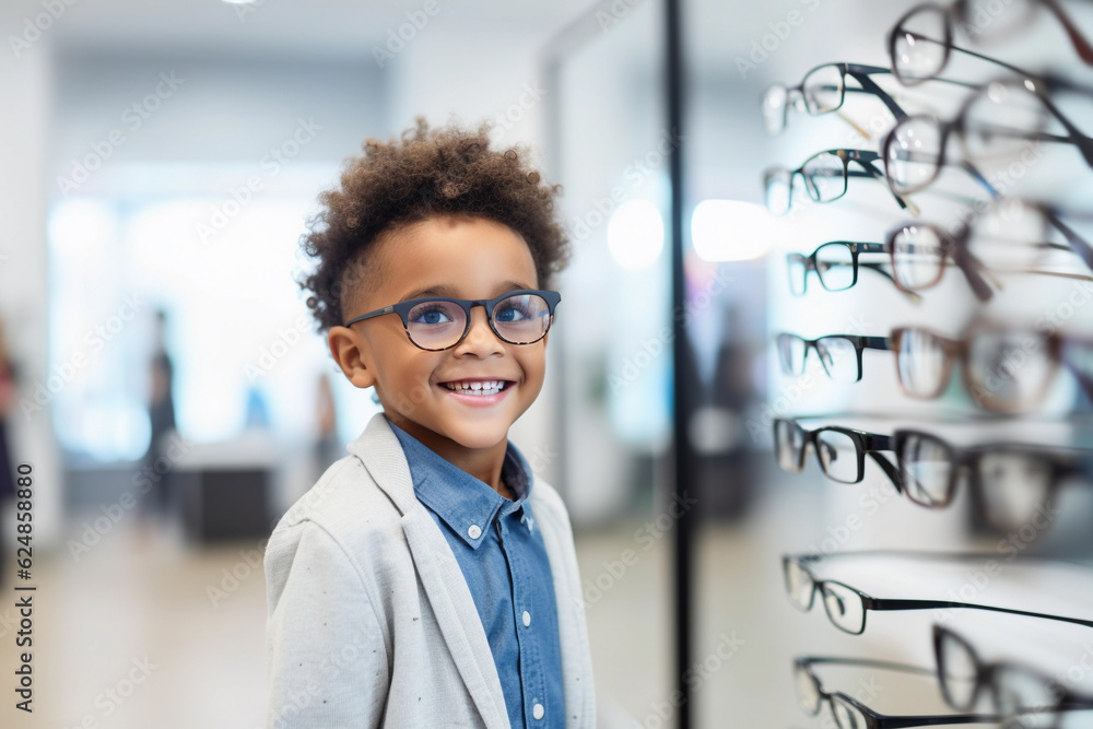 Wall mural A young boy trying new glasses in an optician