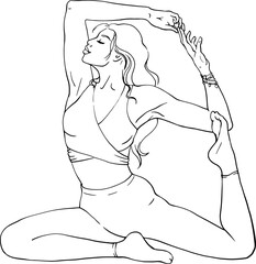 Young woman is doing yoga. Linear drawing of a girl in a yoga pose. For the design of websites, schools and yoga clubs, printing on clothes, dishes, bags, business cards, posters and advertising