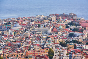 Obraz premium Naples, Italy evening panorama of city center coastal section with Plebiscito square and Palazzo Real