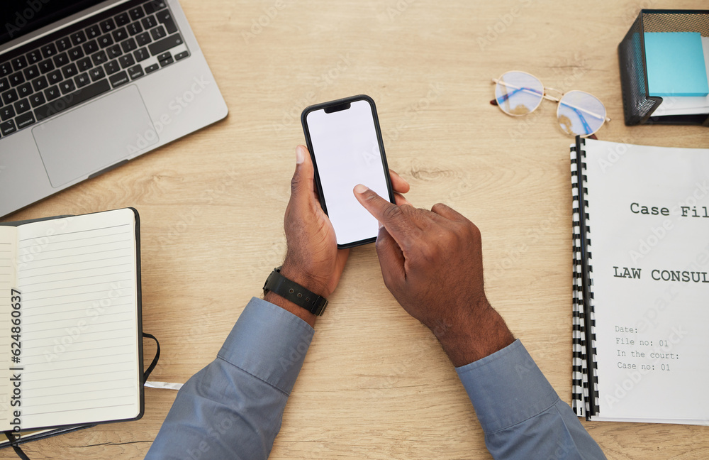 Poster top view business and hands with a smartphone screen, typing and law consultant with planning, check