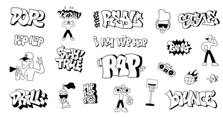 street style graffiti doodles hand drawn characters and lettering , hip hop culture symbols vector background for kids