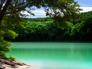 Colorful tropical lake with flat topography.