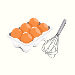 Vector illustration Six fresh brown farm chicken eggs lie in a cardboard eco box next to a whisk for beating