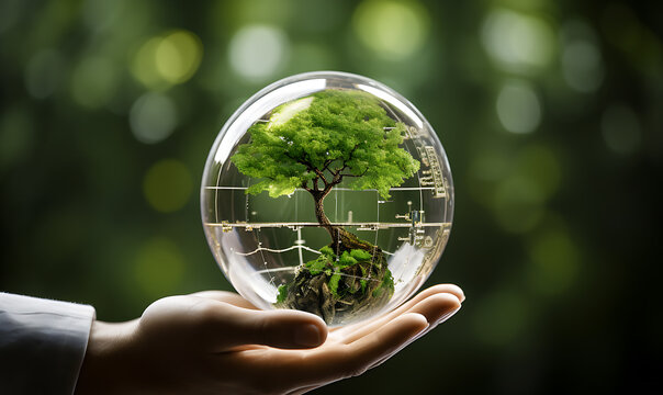 A Hand Holding a Magnifying Glass with Leaf. Ecology and World Sustainable Environmental Protection Concept. Saving the Environment, Saving the Clean Planet. Generative AI.