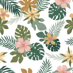 Tuinposter Vector abstract cute hand drawn illustration with palm leaves, hibiscus flowers. The pattern is great for fabric, wallpaper, wrapping paper, postcard, layout. © Evgeniia