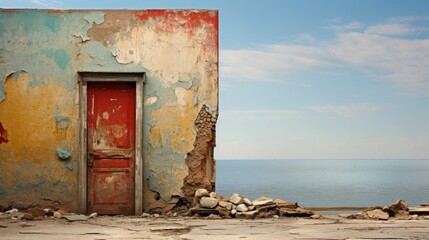 Old destroyed decayed paint wall with door. Old door. Abandoned house in the desert. An old wooden door.  Old door in the wall.