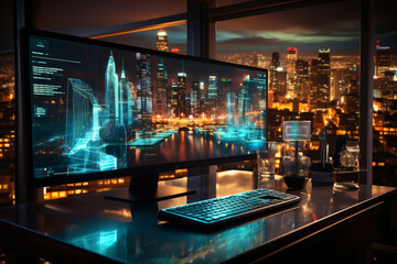 Business stock market, trading, info graphic shown on monitor display screen, office light crystal background. AI Generative