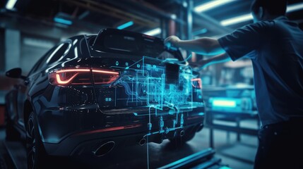 Technician using a diagnostic tool photo realistic illustration - Generative AI.