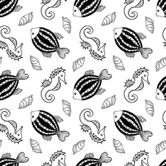 Seamless pattern with fishes, seahorses and shells. Black and white hand drawn vector illustration. Seamless background. Wallpaper design. Fabric design. Simple vector pattern with cute fishes.