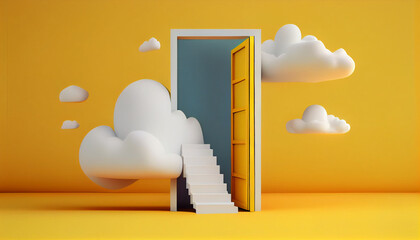 3d abstract yellow background with door, ladder and white clouds flying out. Dream metaphor, modern minimal concept, Door to the sky, Ai generated image  - obrazy, fototapety, plakaty