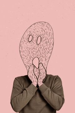 Freak impressionism picture artwork collage of headless man genius masterpiece face screaming ghost isolated on pink color background