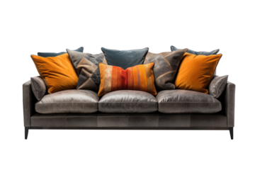 Modern sofa with pillows isolated on transparent background.for decorative at home modern interior design.generative ai