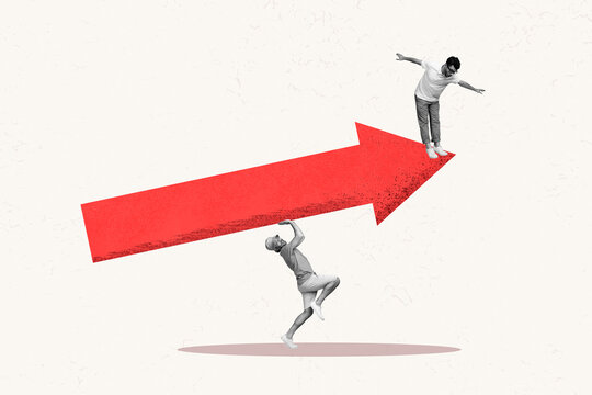 Magazine picture sketch collage image of excited funky guys walking red arrow up isolated beige color background