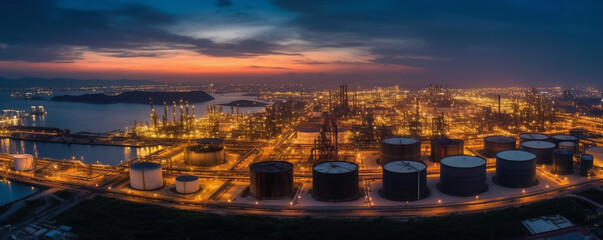 Oil refinery plant from industry zone,Oil refinery at twilight,Aerial view of Oil and gas industry,
industry factory concept and transportation,, Refinery factory and oil storage tank ,Generative AI