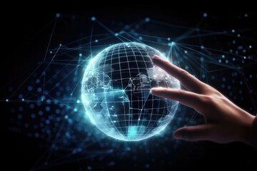 Human hand touching glowing blue linear futuristic metaverse data network cyberspace globe. Business global internet connection and digital marketing, link tech sphere, created with Generative AI