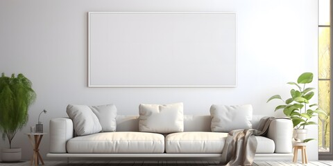 Blank horizontal poster frame mock up in minimal white style living room interior, modern living room interior background