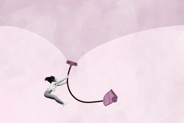 Photo comics sketch collage picture of funny lady holding vacuum cleaner isolated purple color...