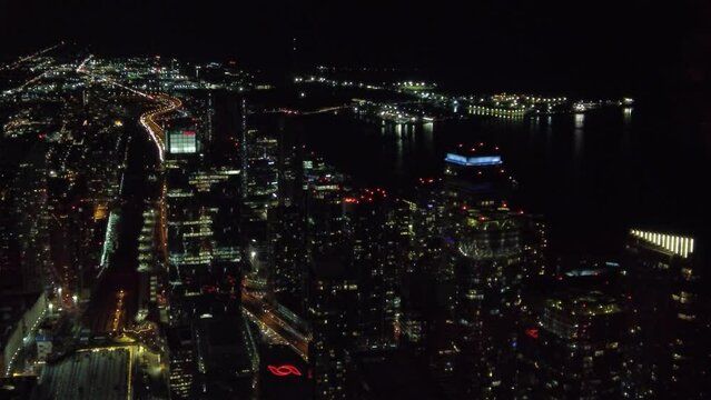 Aerial Of Harbourfront At Night With Skyscrapers New Years Eve Lights