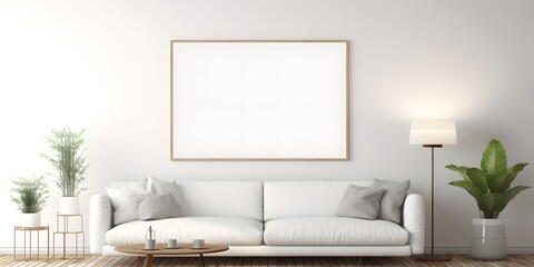 Blank horizontal poster frame mock up in minimal white style living room interior, modern living room interior background