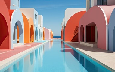 A minimalistic beautiful vivid colors neo fauvist architecture with arcs.