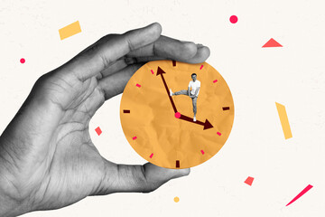 Photo collage artwork picture of arm holding clock dancing arrow guys isolated graphical background
