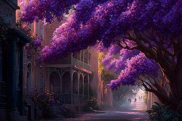 A street full of purple flowers and blooming plants. Generative AI
