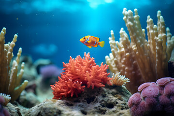 Fototapeta na wymiar coral reef, exotic fish swims between corals in the ocean