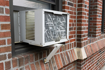 Window Air Conditioner in the Window of an Old Brick Apartment Building in Queens of New York City 