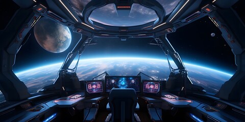 Cockpit of spaceship with moon and planets. Outerspace astronaut mothership. Planet horizon