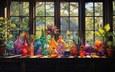 Fototapeta premium A colorful glass bottle is on the table near the window.