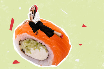 Creative collage picture of mini elegant lovely girl sitting big sushi roll isolated on painted...