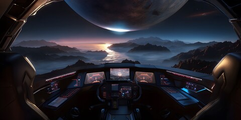 Cockpit of spaceship with moon and planets. Outerspace astronaut mothership. Planet horizon