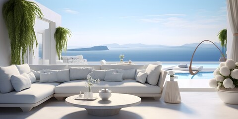 Luxury apartment terrace Santorini Interior of modern living room sofa or couch with beautiful sea view