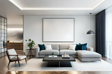 Naklejka na ściany i meble Blank horizontal big poster frame mock up in minimal white style living room interior, modern living room interior background