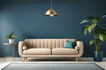 Modern living room interior with sofa lamp and green plants on blue wall background, minimal design. Modern living room. 3d rendering.