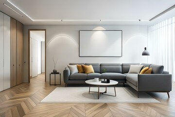 Blank horizontal poster frame mock up in minimal white style living room interior, modern living room interior background
