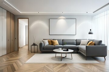 Blank horizontal poster frame mock up in minimal white style living room interior, modern living room interior background