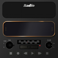Fototapeta premium Front of view of a stereo digital radio with empty digital display screen and mesh speaker and radio controls. Multimedia buttons, cassette player slot. Vector Template. EPS 10