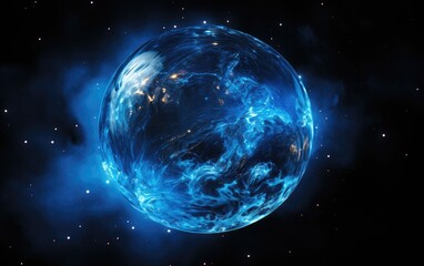 Abstract blue glass ball at black background.
