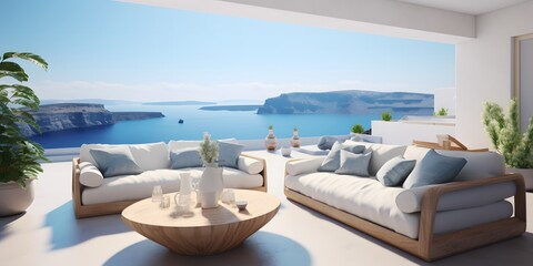 Luxury apartment terrace Santorini Interior of modern living room sofa or couch with beautiful sea view