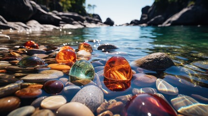 colorful stones, transparent glowing stones, sparkling, natural background with forest and flowing river 